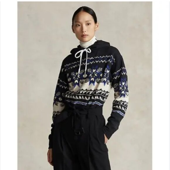 Polo Ralph Lauren Large Nordic Fair Isle Fleece Hoodie Snowflake Sweater Pullove - Picture 1 of 10